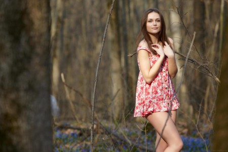 Charming chick Zlatka A is in the thick wood losing off short colorful dress