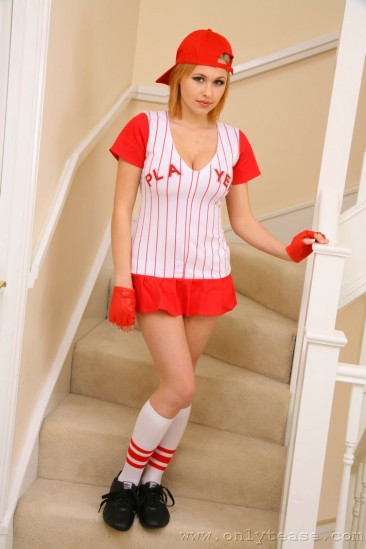 Huge breasted Iga pulls down her red and white baseball uniform on the stairs