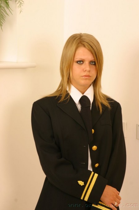 Fair chick Sammy Jo strips off her navy uniform and admirably poses in lingerie