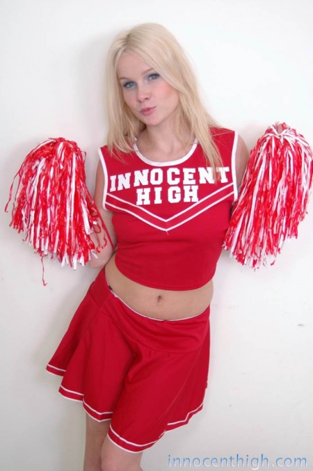 Blonde cutie Kylee Reese takes off her red cheerleader uniform then gets banged by four eyed teacher