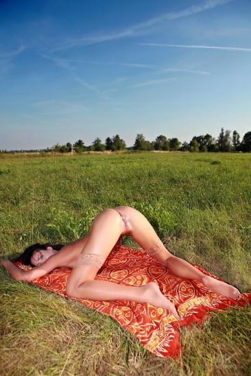 Naked brunette sweetie Nikita Black shows off her silky smooth pussy in red blanket in the grass
